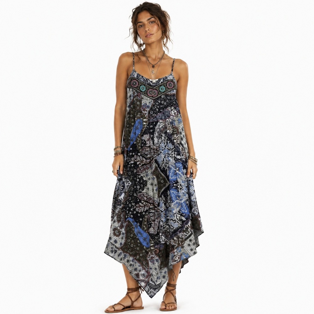 Ganji LA Boho Paisley Handkerchief Hem Maxi Dress Multi Color Festival Size S